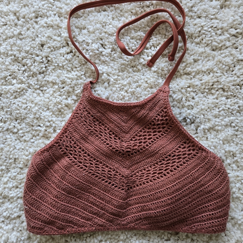 Rust Crochet Halter Swim Top